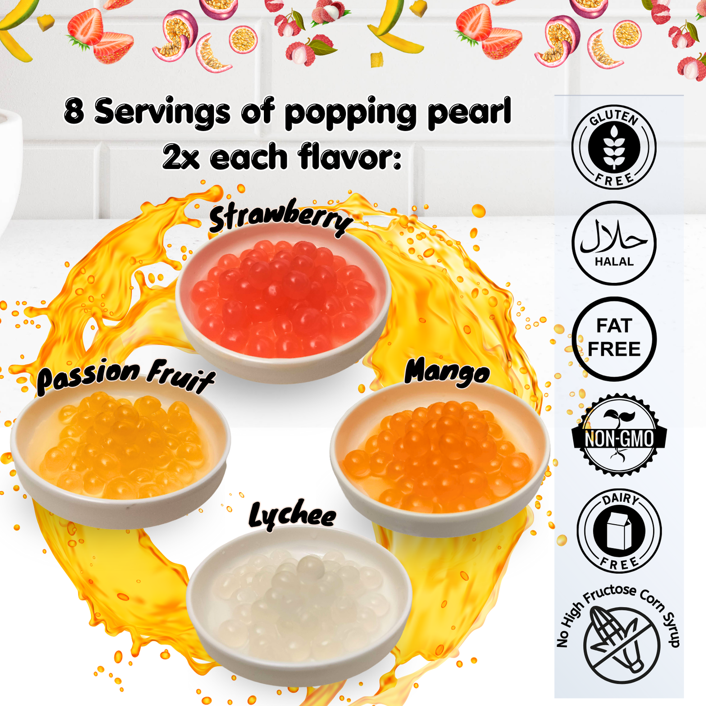 Popping Bursting Boba kit 8 servings individual pack and Syrup made with Real Juice - Vegan Friendly