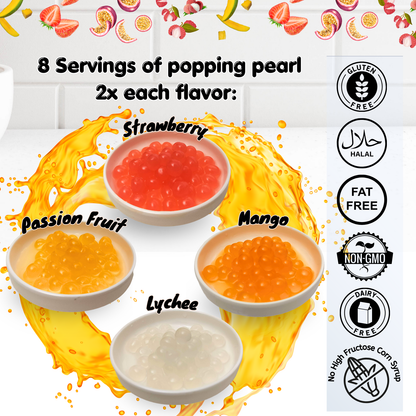 Popping Bursting Boba kit 8 servings individual pack and Syrup made with Real Juice - Vegan Friendly