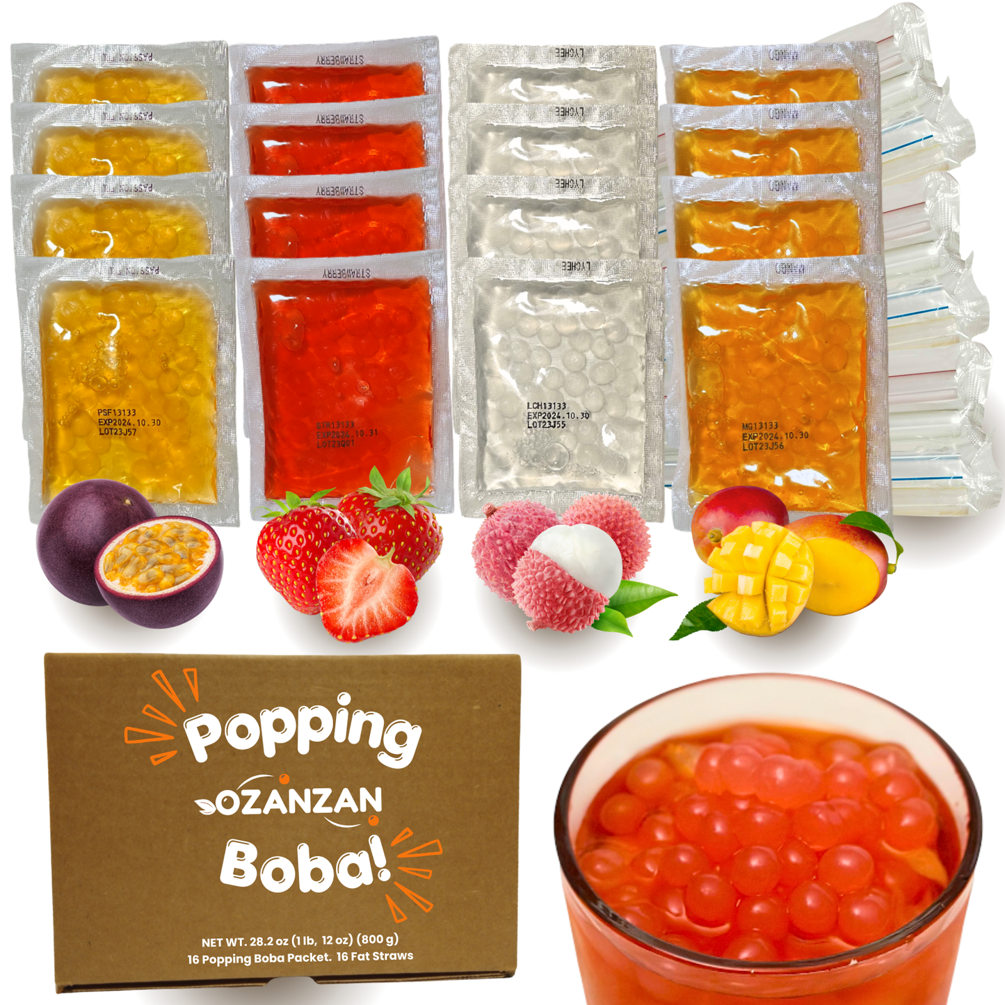 Popping Boba Bursting Pearls To-Go 16 Packets with Fat Straws. 4 Fruit Flavors- Strawberry, Mango, Passion Fruit, Lychee. No Corn Syrup, Non-GMO, Vegan-Friendly. Perfect Party Drinks Add-on by OZANZAN