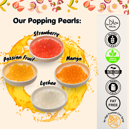 Popping Boba Bursting Pearls To-Go 16 Packets with Fat Straws. 4 Fruit Flavors- Strawberry, Mango, Passion Fruit, Lychee. No Corn Syrup, Non-GMO, Vegan-Friendly. Perfect Party Drinks Add-on by OZANZAN